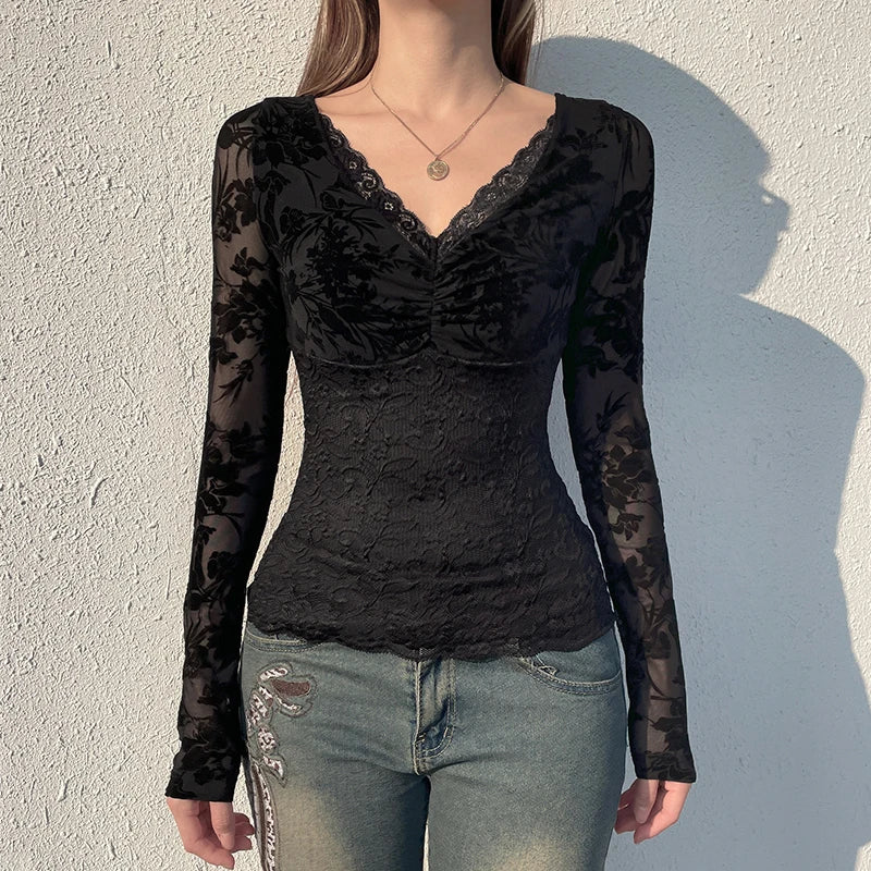 Fashion Lace Hook Flowers Black T-shirt For Women V-Neck Long Sleeve Slim Spring Bodycon Top Folds Gothic Dark Shirts