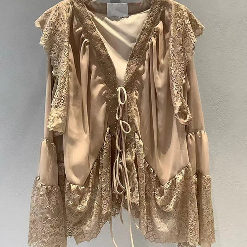 Load image into Gallery viewer, Solid Loose Spliced Lace Elegant Blouses for Women V Neck Long Sleeves Patchwork Lace Up Fashion Bloaue Female New
