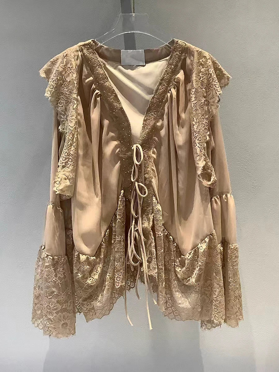 Solid Loose Spliced Lace Elegant Blouses for Women V Neck Long Sleeves Patchwork Lace Up Fashion Bloaue Female New