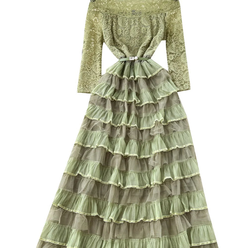Load image into Gallery viewer, French Retro 2025 Spring New Green Patchwork Lace Elegant Party Long Sleeves Dress Women Off Shoulder Ruffles Pleated Cake Dress
