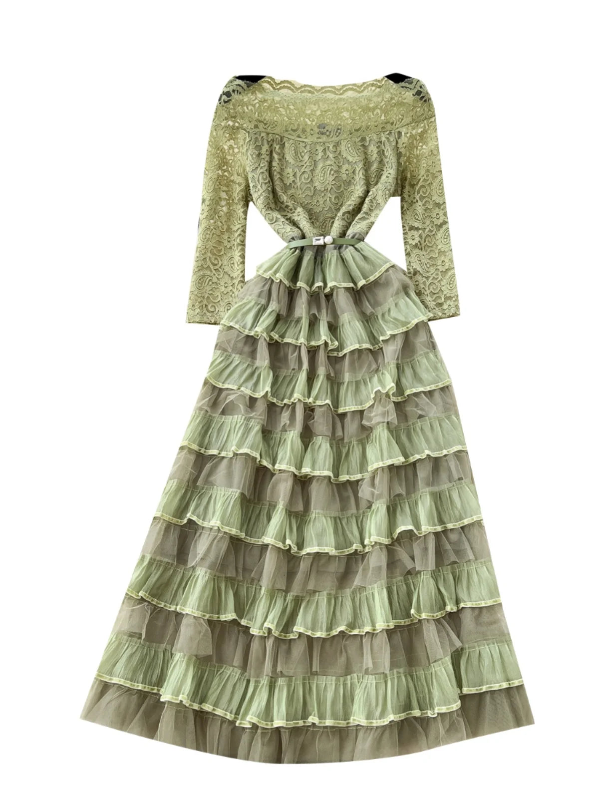 French Retro 2025 Spring New Green Patchwork Lace Elegant Party Long Sleeves Dress Women Off Shoulder Ruffles Pleated Cake Dress