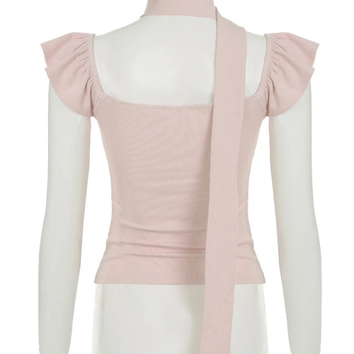 Load image into Gallery viewer, Sexy Square Collar Bandage Tees Summer Women Y2k Aesthetic Feifei Sleeves Slim Fit T-shirt Harajuku Grunge Fairy Cropped Tops
