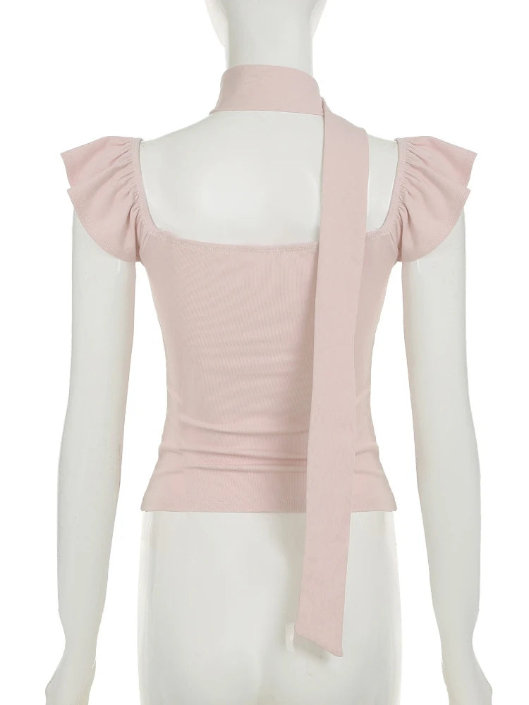 Sexy Square Collar Bandage Tees Summer Women Y2k Aesthetic Feifei Sleeves Slim Fit T-shirt Harajuku Grunge Fairy Cropped Tops