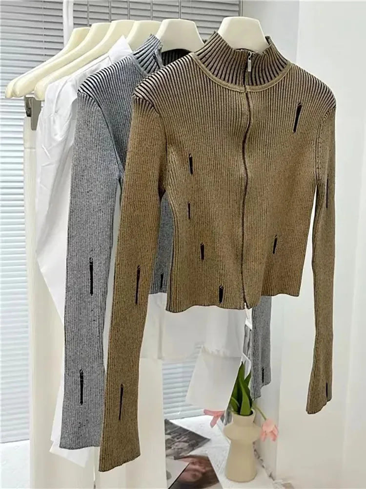 Vintage Zipper Cardigan Women Y2k Aesthetic Grunge Sweater Jackets Female Harajuku Slim Knitted Coats Femme C-246