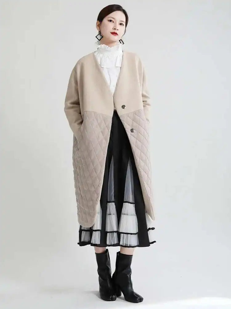 Apricot Warm Big Size Long Cotton-padded Coat Long Sleeve Loose Fit Women Parkas Fashion New Autumn Winter 2025 1DF4808