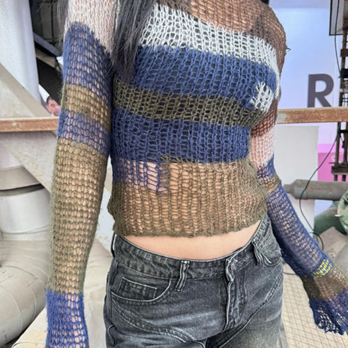 Load image into Gallery viewer, Gothic Hollow Out Knitted Sweater Women See Through Y2k Aesthetic Tops Contrast Color Stripe Pullover Grunge Streetwear Capes
