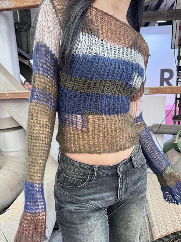 Gothic Hollow Out Knitted Sweater Women See Through Y2k Aesthetic Tops Contrast Color Stripe Pullover Grunge Streetwear Capes
