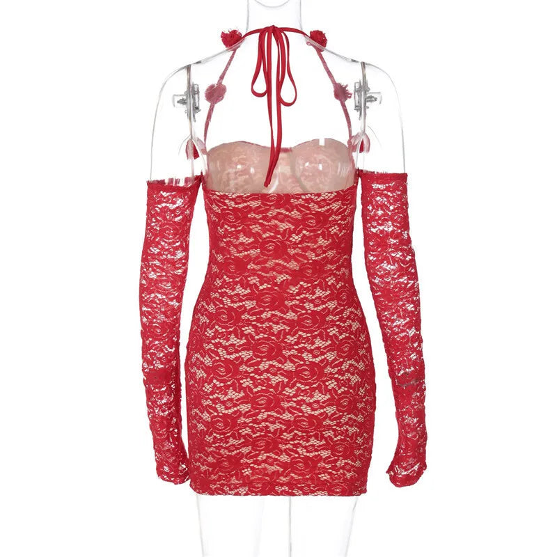 Red Lace Off-shoulder Sexy Mini Dress For Women Fashion Halter Strapless Long Sleeve Bodycon Club Party Sexy Dress