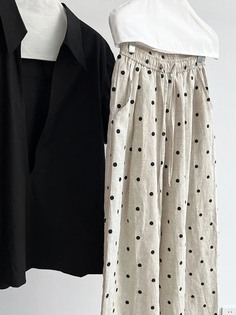 High Elastic Waist Linen Dot Embroidery Wide Leg Long Pants New Trousers Women Fashion Tide Spring Autumn 2025 1DJ1548