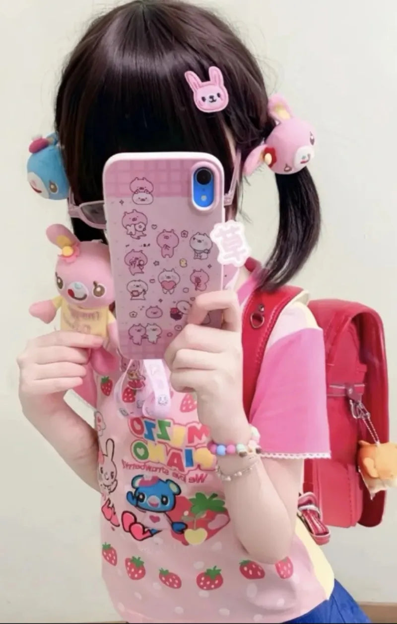 Japanese Kawaii Cartoon Print Tshirt Women Harajuku Color Patchwork Lace Sleeve Fairy T-shirt Y2k Aesthetic Grunge Cropped Tees