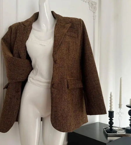 Women Autumn Winter New Korean Brown Elegant Single Breasted Loose Blazer Retro Green Office Lady Chic Casual Tops Fashion Trend