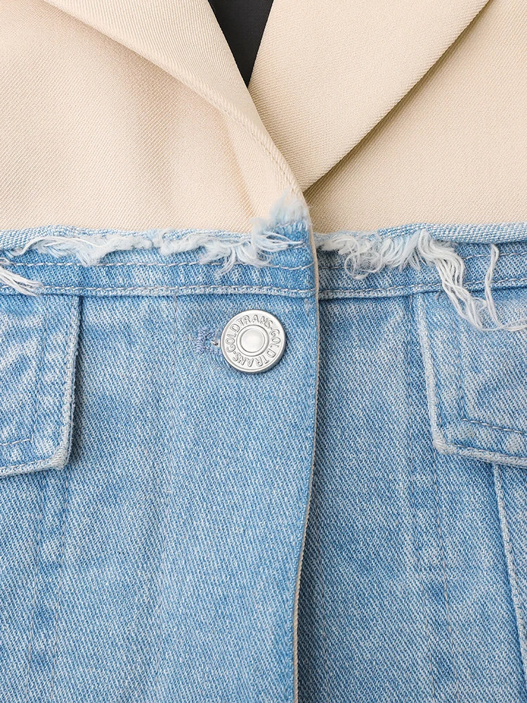 Women Beige Denim Color-block Long Elegant Blazer New Lapel Long Sleeve Jacket Fashion Tide Spring Autumn 2025 CPDB132