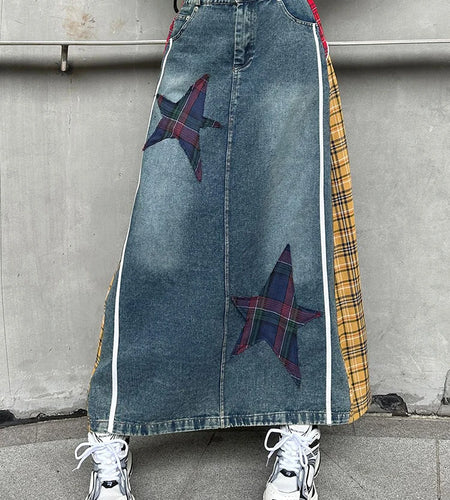 High Elastic Waist Blue Back Plaid Denim Long A-line Half-body Skirt Women Fashion Tide New Spring Autumn 2025 1DH8117