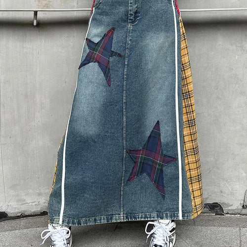 Load image into Gallery viewer, High Elastic Waist Blue Back Plaid Denim Long A-line Half-body Skirt Women Fashion Tide New Spring Autumn 2025 1DH8117

