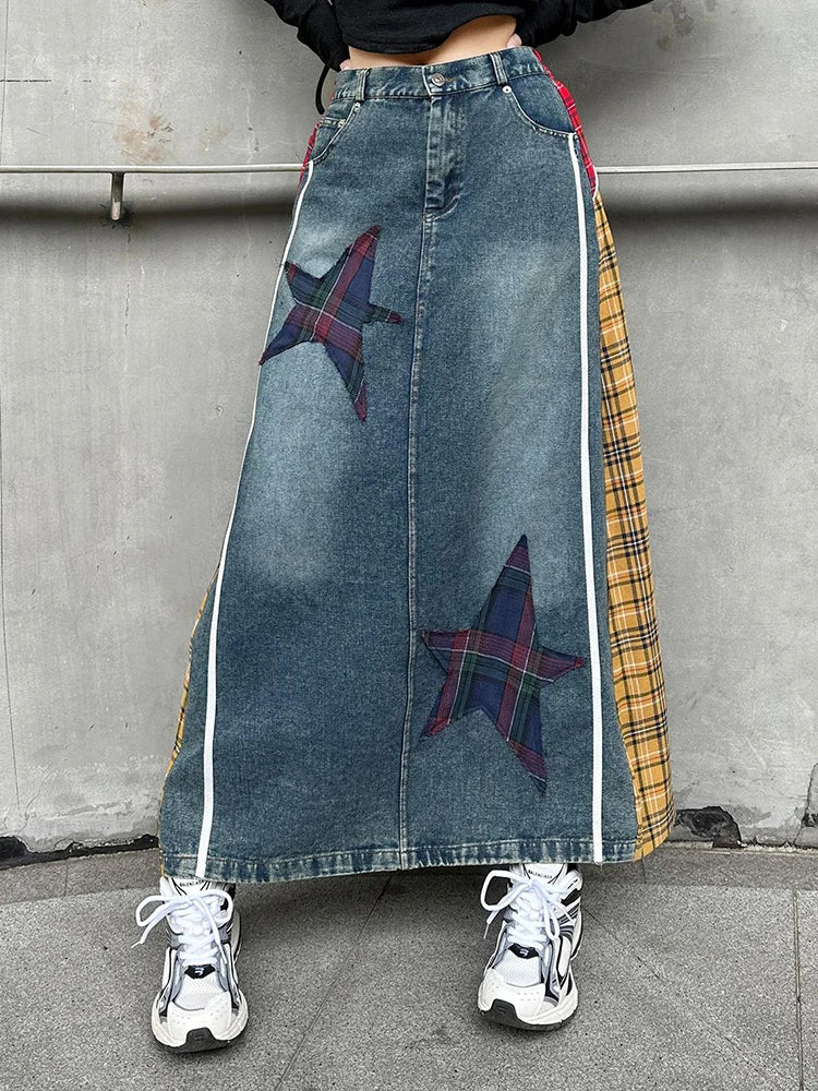 High Elastic Waist Blue Back Plaid Denim Long A-line Half-body Skirt Women Fashion Tide New Spring Autumn 2025 1DH8117