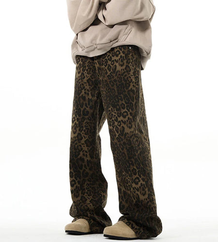 High Street Men's Jeans Leopard Print Casual Vintage American Denim Pants Straight Wide Leg Loose Male Trousers New 9W1219