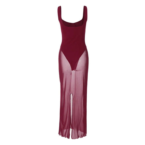 Load image into Gallery viewer, Mesh See Through Sexy Maxi Dress For Women Burgundy Spaghetti Strap Sleeveless Backless Elegant Club Party Long Dress
