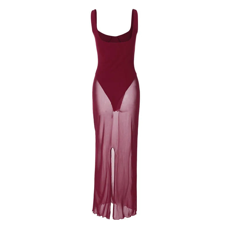 Mesh See Through Sexy Maxi Dress For Women Burgundy Spaghetti Strap Sleeveless Backless Elegant Club Party Long Dress