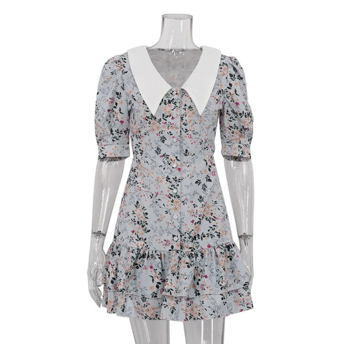 Load image into Gallery viewer, Short Sleeve Floral Mini Dress For Women Robe Turn-down Collar Elegant French Dress Ladies Fashion High Waist Dresses
