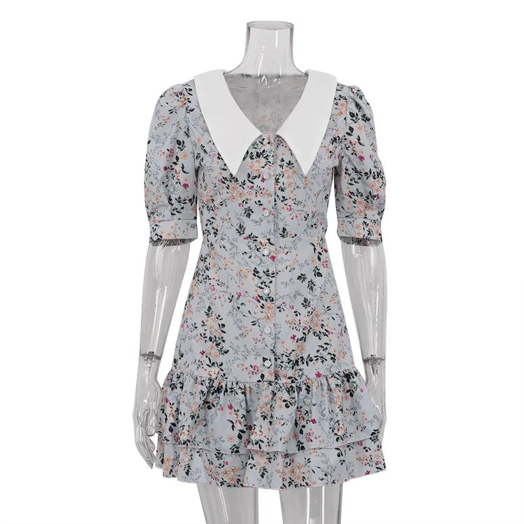 Short Sleeve Floral Mini Dress For Women Robe Turn-down Collar Elegant French Dress Ladies Fashion High Waist Dresses