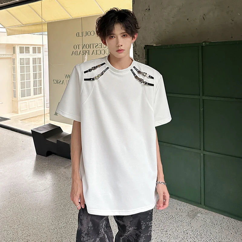 Korean Style Men's Short Sleeve T-shirts Metal Buckle Splicing Structure Trendy Round Neck Solid Color Male Tees 9W1911