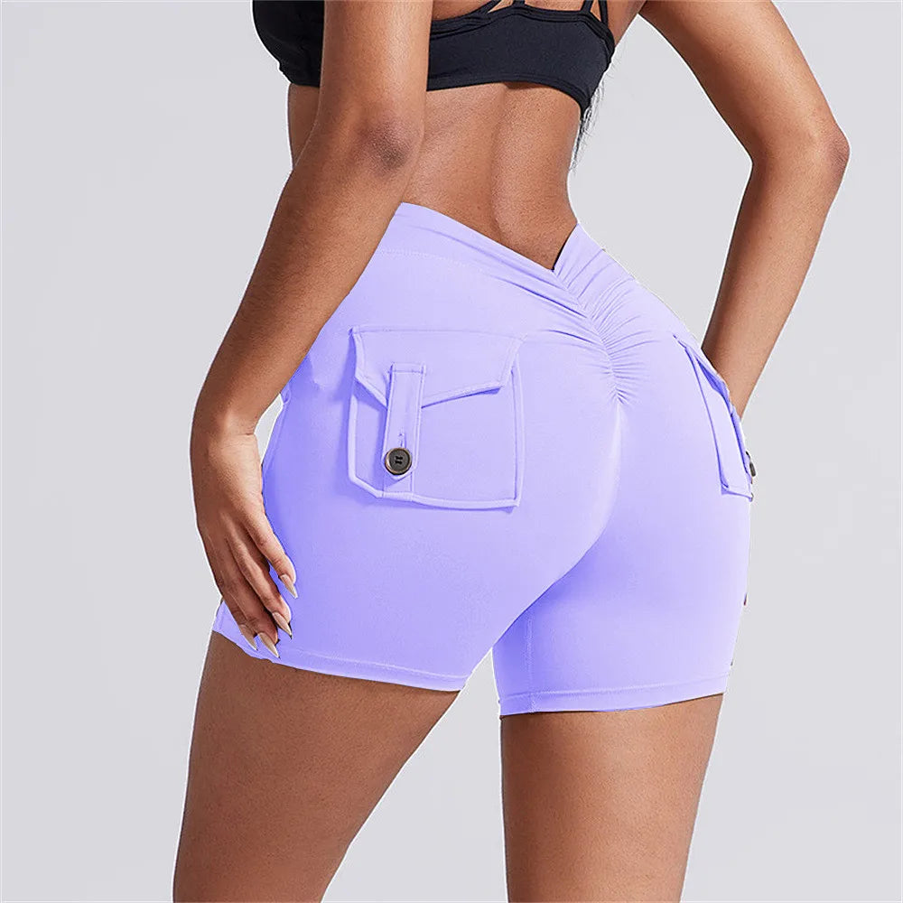Deep V Back Yoga Shorts Women Pocket Scrunched Butt Gym Leggings High Waist Push Up Tights Sexy Booty Sports Shorts Fitness