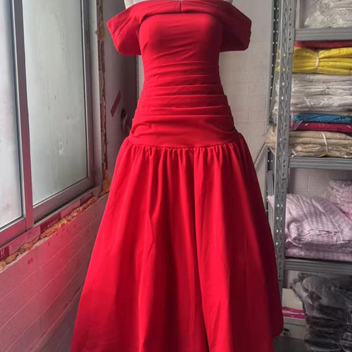 Load image into Gallery viewer, Solid Slimming Temperament Dresses For Women Slash Neck Short Sleeve High Waist Temperament Dress Female Fashion
