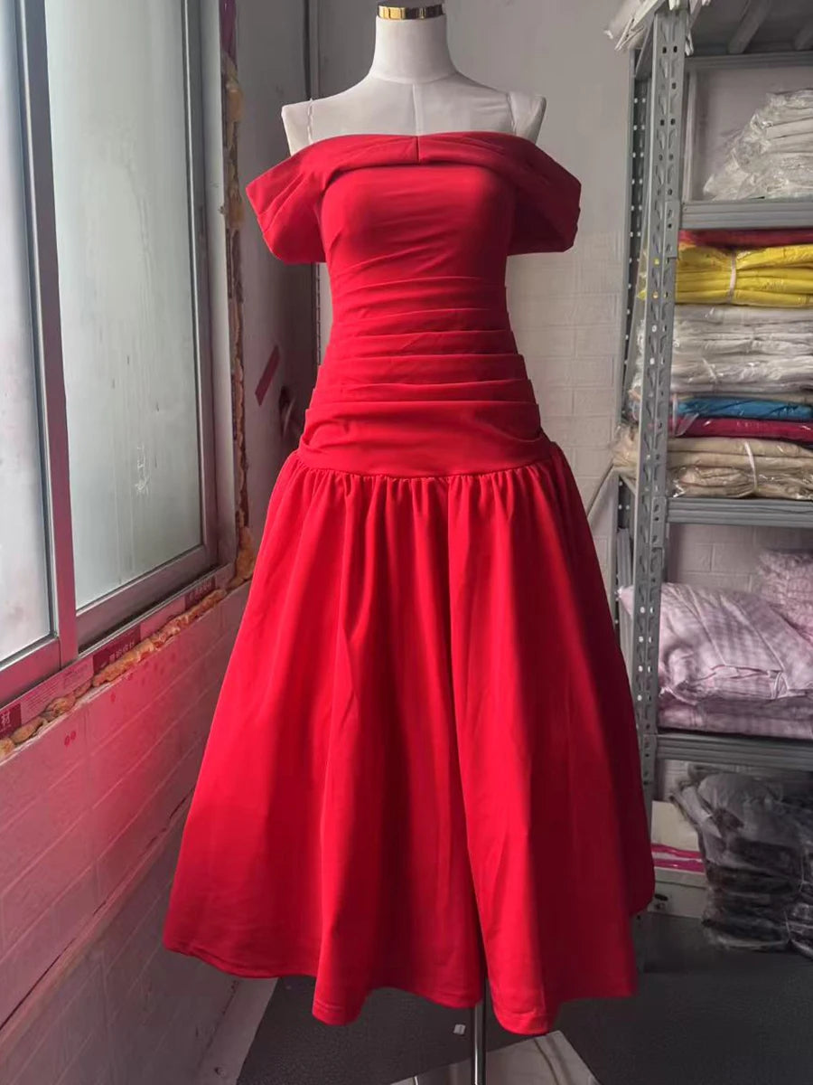 Solid Slimming Temperament Dresses For Women Slash Neck Short Sleeve High Waist Temperament Dress Female Fashion