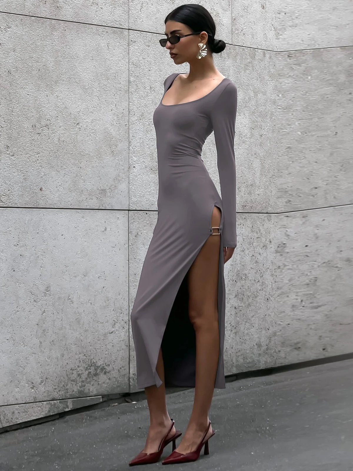 Fashion Solid Square Collar Straps Slit Sexy Bodycon Maxi Dress Fall Women Y2K Outfits Birthday Party Vacation
