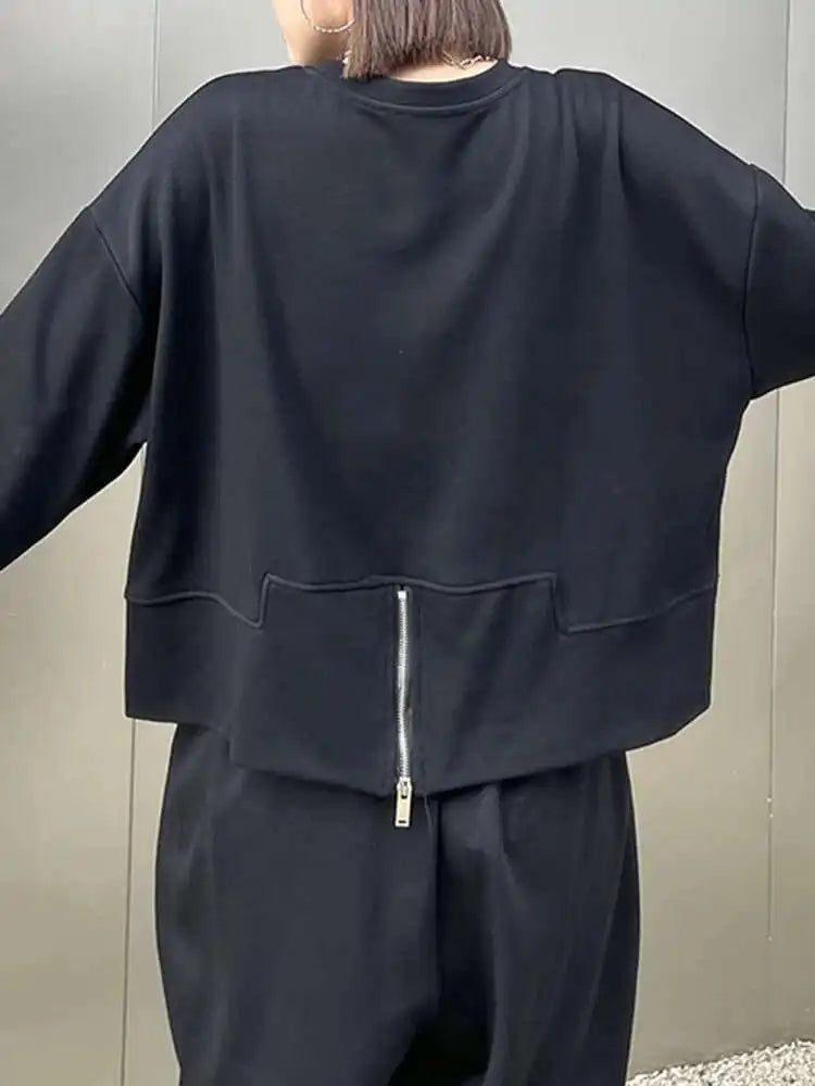 Black Printed Back Zipper Sweatshirt New Round Neck Long Sleeve Women Big Size Fashion Tide Spring Autumn 2025 1DJ0624