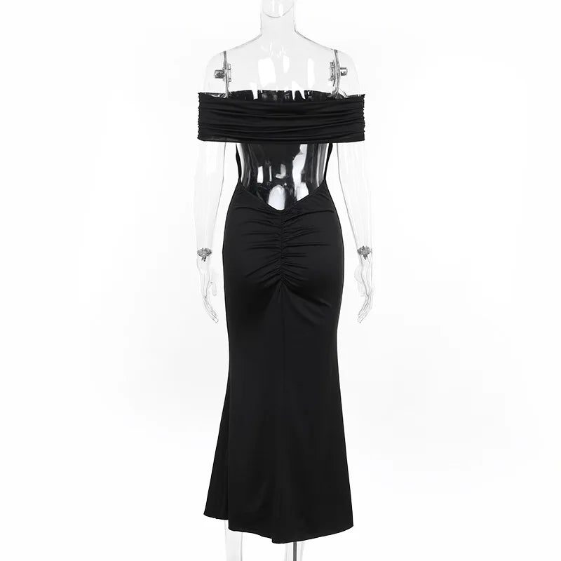 Strapless Backless Sexy Maxi Dress For Women Black Solid Off-shoulder Sleeveless Bodycon Club Party Long Dress Elegant