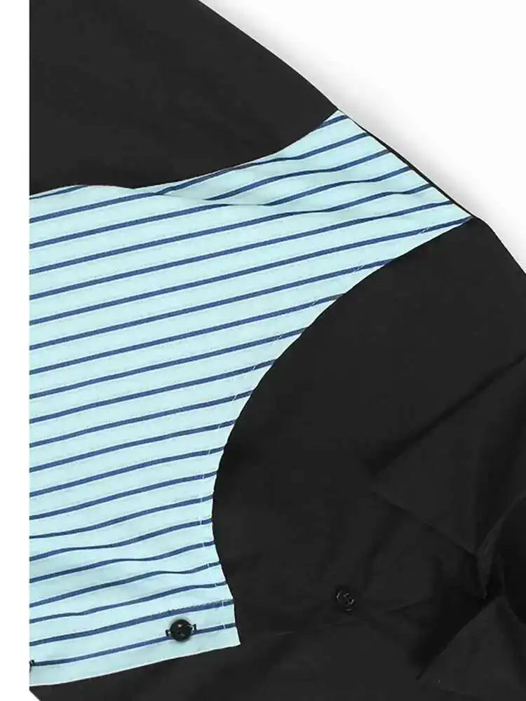 Women Black Striped Spliced Big Size Casual Blouse New Lapel Long Sleeve Shirt Fashion Tide Spring Autumn 2025 1DH6908