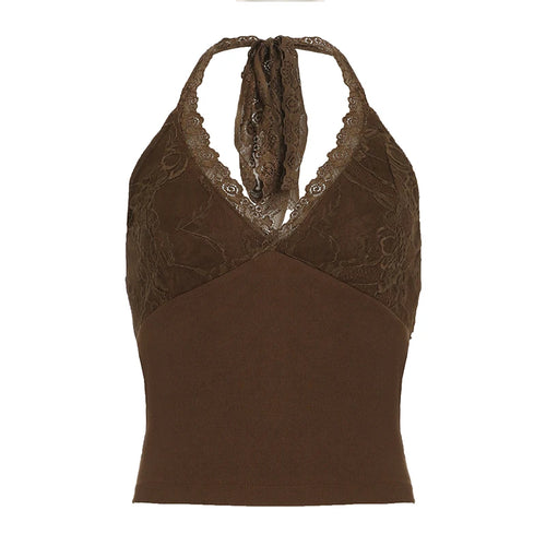 Load image into Gallery viewer, Vintage V-Neck Lace Patchwork Skinny Camisole Women's Summer Lace-Up Halter Cropped Tops Y2K Aesthetics Hotie Clothes
