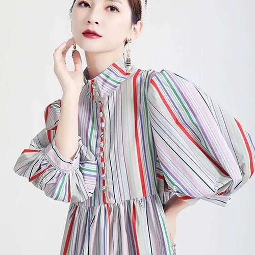 Load image into Gallery viewer, Women Striped Spliced Long Shirt Dress New Stand Collar Three-quarter Sleeve Loose Fit Fashion Spring Autumn 2025 1DE0219
