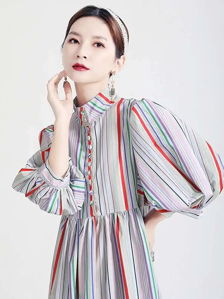 Women Striped Spliced Long Shirt Dress New Stand Collar Three-quarter Sleeve Loose Fit Fashion Spring Autumn 2025 1DE0219