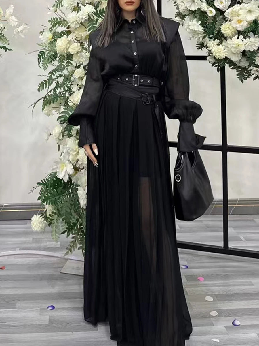 Solid Spliced Button Two Piece Set Dor Women Lapel Long Sleeve Top High Waist Loose Skirt Sets Female Fashion New