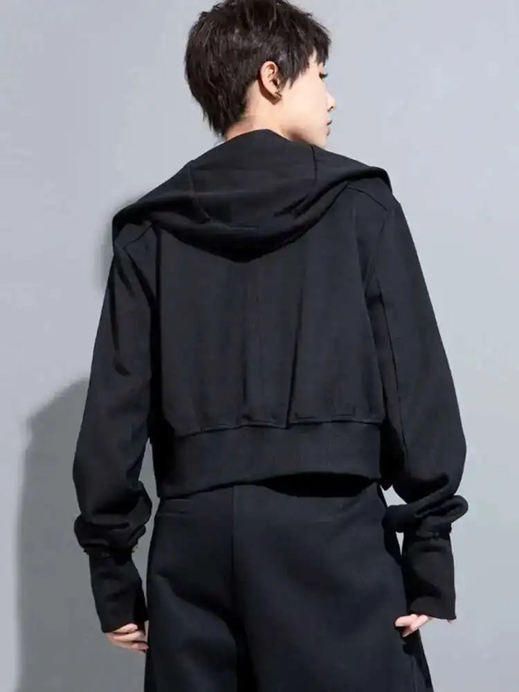 Black Zipper Irregular Big Size Short Jacket New Hooded Long Sleeve Women Coat Fashion Tide Spring Autumn 2025 1DH7062