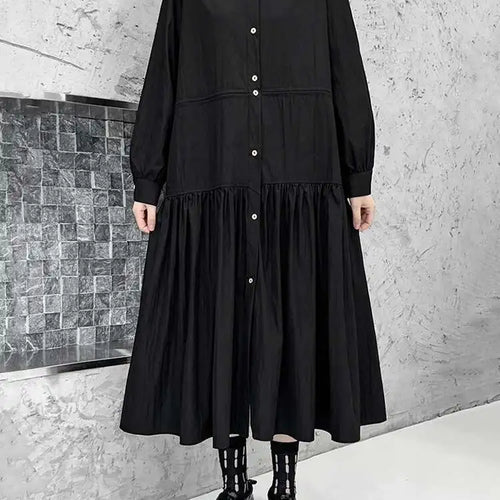 Load image into Gallery viewer, Women Black Big Size Elegant Shirt Dress Brief Pleated Hem New Lapel Long Sleeve Fashion Tide Spring Autumn 2025 1DH9327
