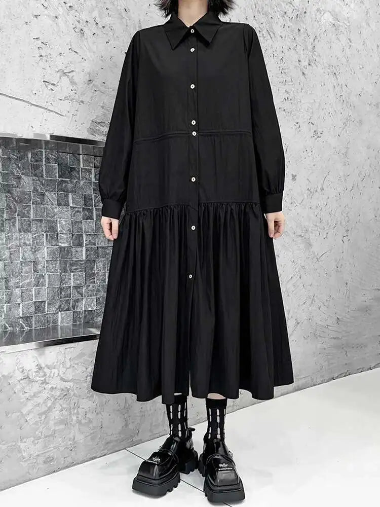Women Black Big Size Elegant Shirt Dress Brief Pleated Hem New Lapel Long Sleeve Fashion Tide Spring Autumn 2025 1DH9327