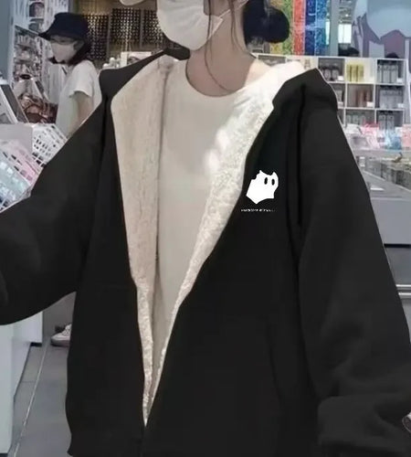 Women's Velvet Thick Hoodie Jackets Winter Clothing Hooded Zip Up Casual Sweatshirts Fashion Korean Hoodies Oversized Y2k Tops