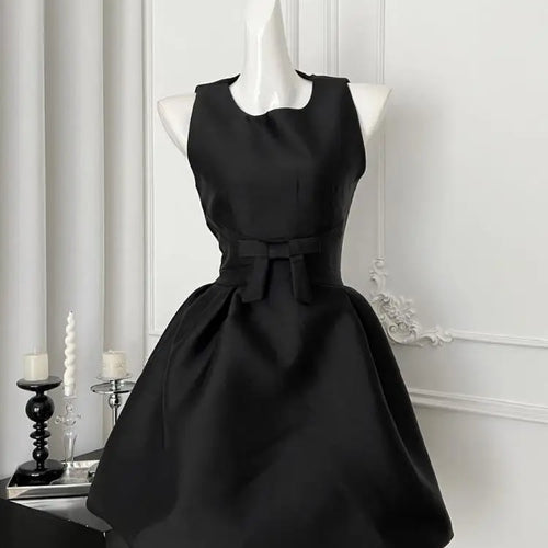 Load image into Gallery viewer, French 2025 Women Black Red Elegant Sleeveless Bow High Waist Short Vest Dress Summer Red Slim Holiday Birthday Party Mini Dress
