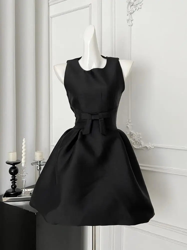 French 2025 Women Black Red Elegant Sleeveless Bow High Waist Short Vest Dress Summer Red Slim Holiday Birthday Party Mini Dress