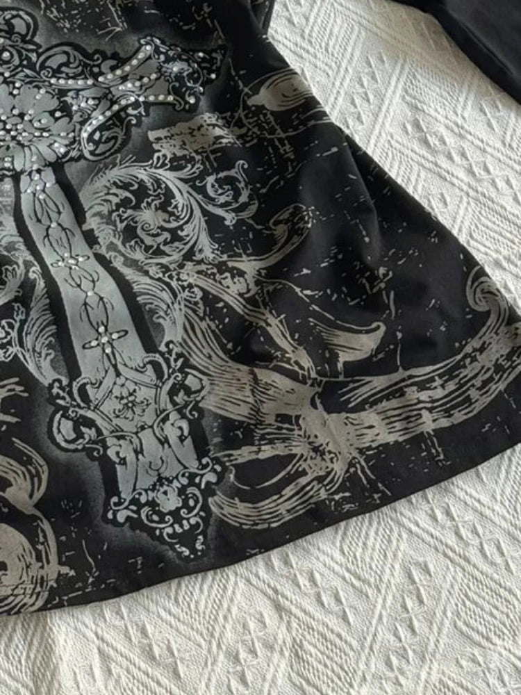 Y2k Aesthetic Vintage Printing Shirts Streetwear Tie-dye Black Loose Tshirts Harajuku Autumn Women Punk Diamond Grunge T-shirt