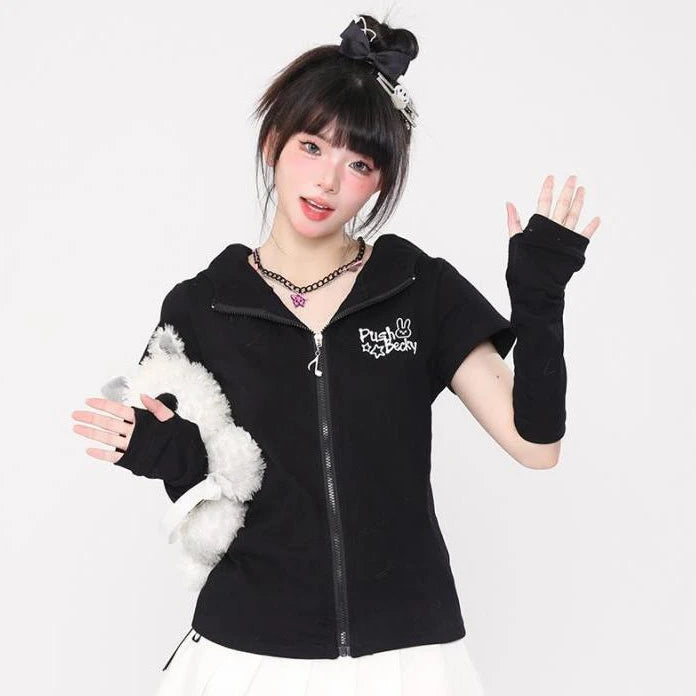 Kawaii Rabbit Black Printing T-shirts Y2k Aesthetic Slim Streetwear Zipper Tees Short Sleeve Fairy Harajuku Hoody Tops Women