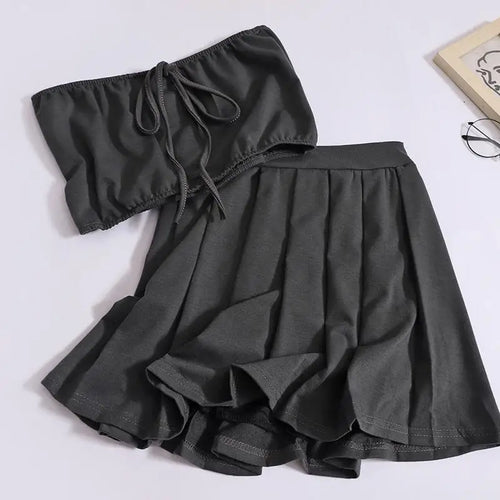 Load image into Gallery viewer, Summer Solid Eleagnt Two-piece Set Women Backless Sleeveless Strapless Lace-up Tops And High Waist Mini Pleated Skirt Suit 2024
