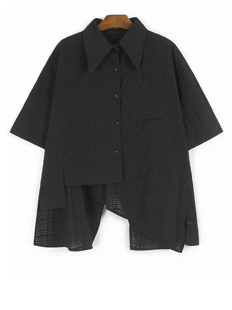 Women Green Irregular Hollow Out Big Size Blouse New Lapel Short Sleeve Shirt Fashion Tide Spring Summer 2025 1DJ1107