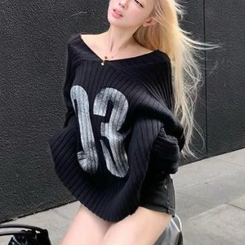 Load image into Gallery viewer, Y2k Aesthetic Vintage Print Loose Pullovers Casual Grunge Harajuku Sweaters V-Neck Off Shoulder All Match Jumpers Korean Fashion
