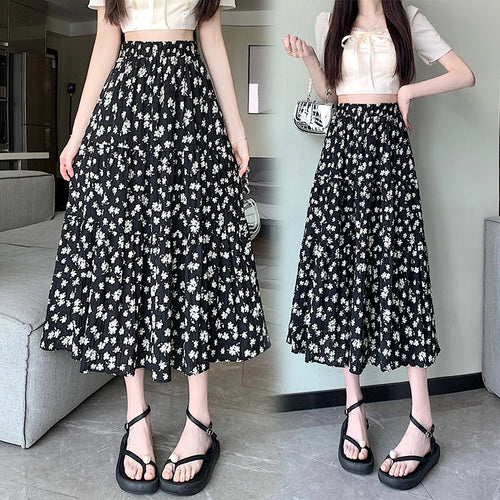 Load image into Gallery viewer, Spring Summer Women Black Beige Floral Elegant Pleated Long Skirts Vintage Elastic High Waist Vacation A-line Skirt Bohemian New
