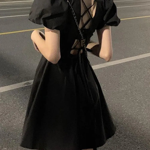 Load image into Gallery viewer, Summer Backless Black Mini Dress Women Gothic Harajuku Wrap Puff Sleeve Dresses Short Sleeve Korean Fashion Kpop
