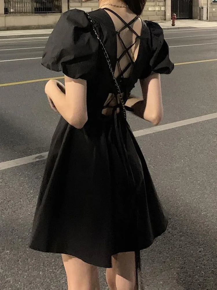 Summer Backless Black Mini Dress Women Gothic Harajuku Wrap Puff Sleeve Dresses Short Sleeve Korean Fashion Kpop